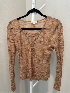 Cotton Candy Brown Marled Lace-Up Long Sleeve Tee